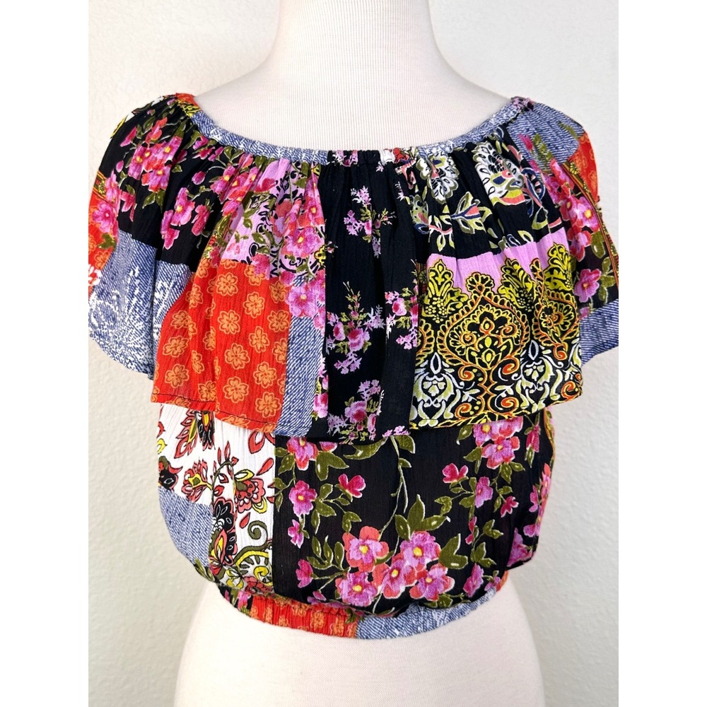 Raga Offā Shoulder Patchwork Boho Crop Top Anthropologie Style Elastic Hem S